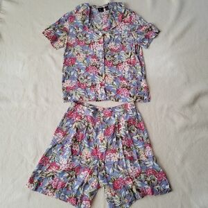 Vintage 90's 2 Piece Set Shirt Shorts Purple Pink Floral Liz Claiborne